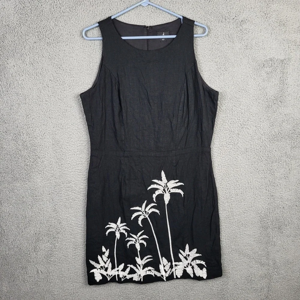J Jason Wu Black Linen Blend Palm Tree Embroidered Mini Dress Women's Size 12